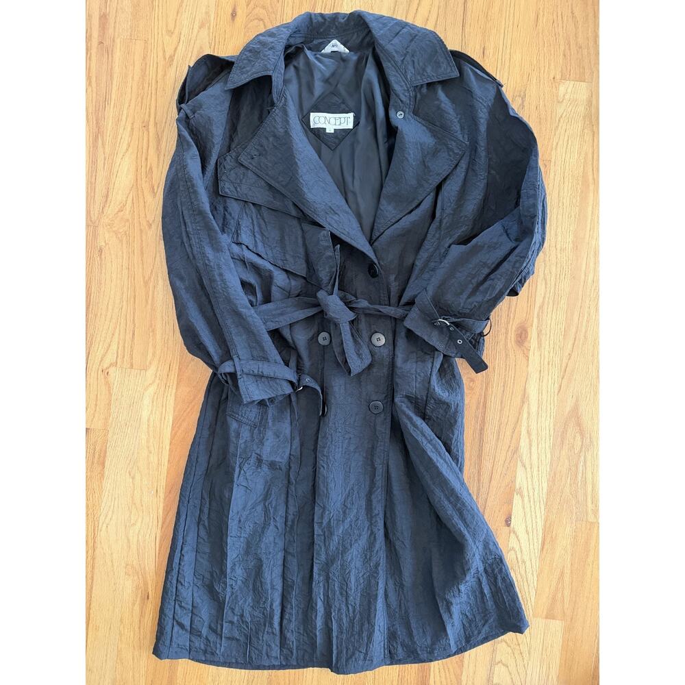 Vintage Concept Women's Black Crinkled Double-Breasted Trench Coat - Size 11
